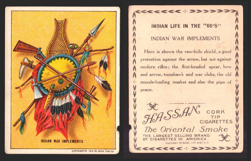 1910 T73 Hassan Cigarettes Indian Life In The 60's Tobacco Trading Cards Singles #25 Indian War Implements  - TvMovieCards.com