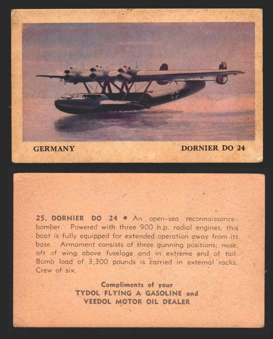 1940 Tydol Aeroplanes Flying A Gasoline You Pick Single Trading Card #1-40 #	25	Dornier DO 24  - TvMovieCards.com