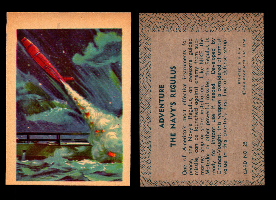 1956 Adventure Vintage Trading Cards Gum Products #1-#100 You Pick Singles #25 Missiles / The Navy's Regulus  - TvMovieCards.com