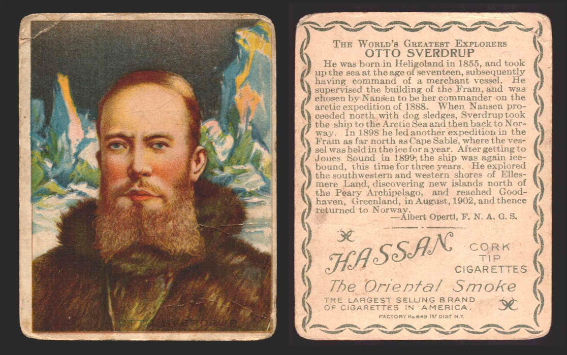 1910 T118 Hassan Cigarettes World's Greatest Explorers Trading Cards Singles #25 Otto Sverdrup  - TvMovieCards.com