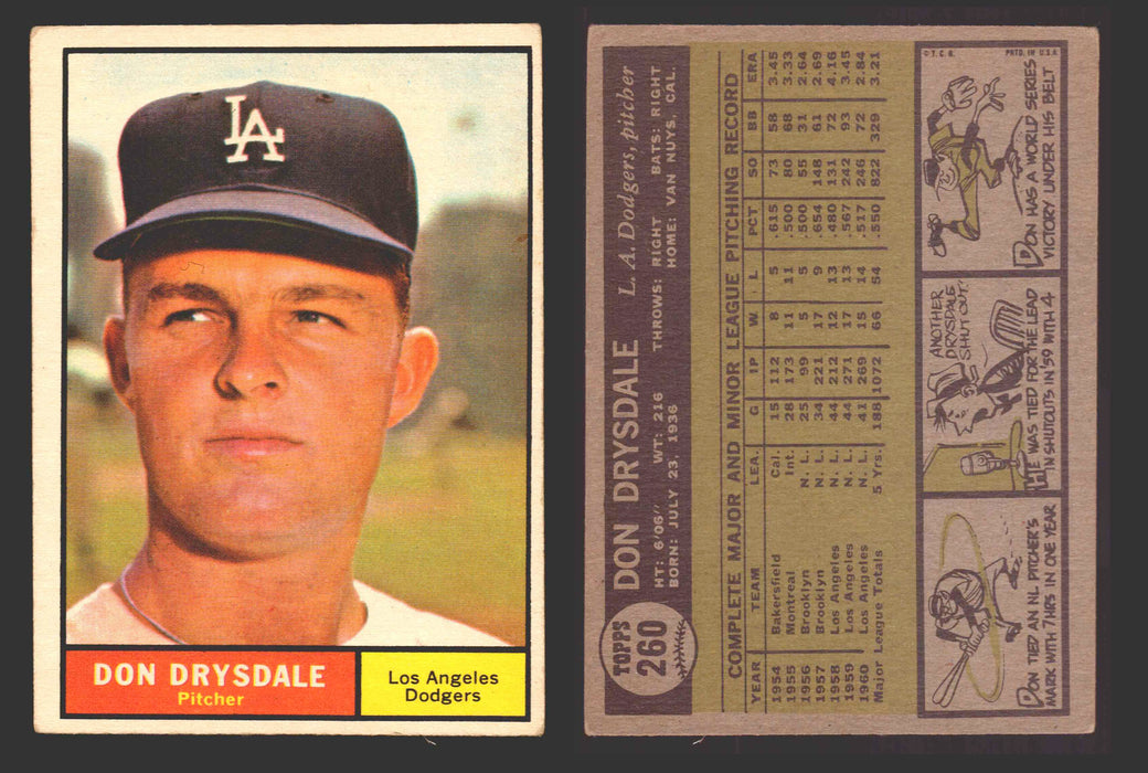 1961 Topps Baseball Trading Card You Pick Singles #200-#299 VG/EX #	260 Don Drysdale - Los Angeles Dodgers  - TvMovieCards.com