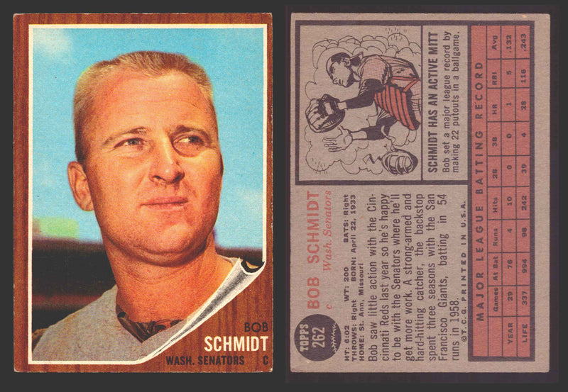 1962 Topps Baseball Trading Card You Pick Singles #200-#299 VG/EX #	262 Bob Schmidt - Washington Senators  - TvMovieCards.com