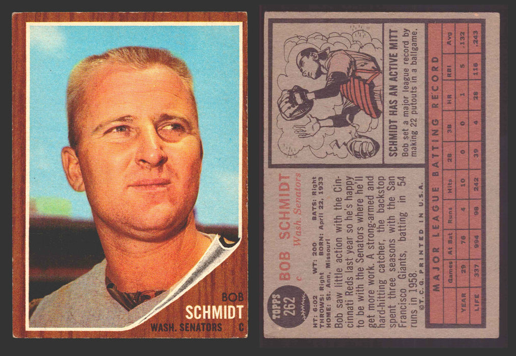 1962 Topps Baseball Trading Card You Pick Singles #200-#299 VG/EX #	262 Bob Schmidt - Washington Senators  - TvMovieCards.com