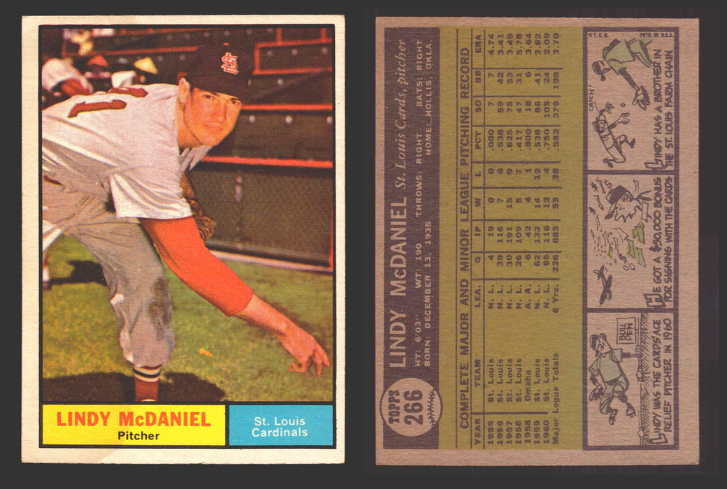 1961 Topps Baseball Trading Card You Pick Singles #200-#299 VG/EX #	266 Lindy McDaniel - St. Louis Cardinals  - TvMovieCards.com