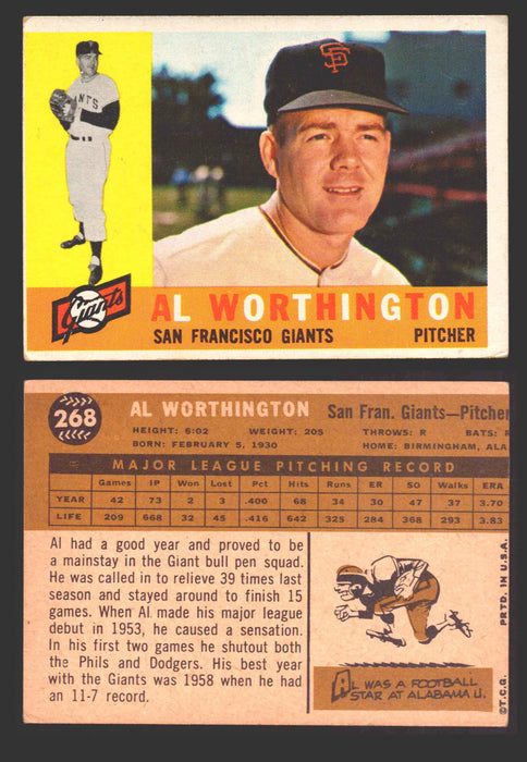 1960 Topps Baseball Trading Card You Pick Singles #250-#572 VG/EX 268 - Al Worthington  - TvMovieCards.com