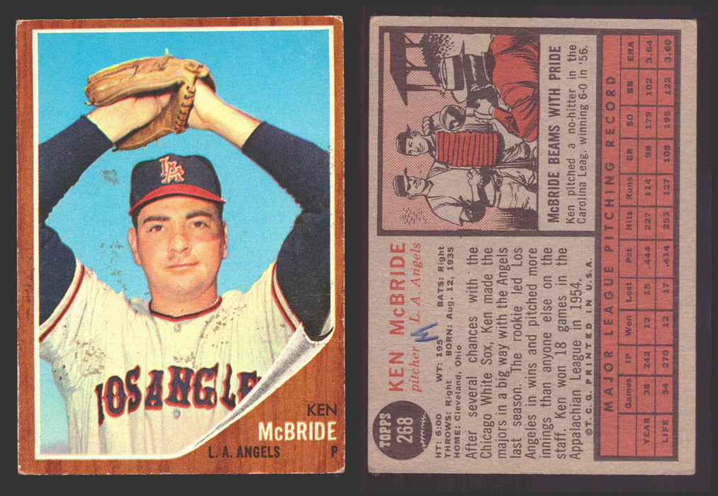 1962 Topps Baseball Trading Card You Pick Singles #200-#299 VG/EX #	268 Ken McBride - Los Angeles Angels (marked)  - TvMovieCards.com