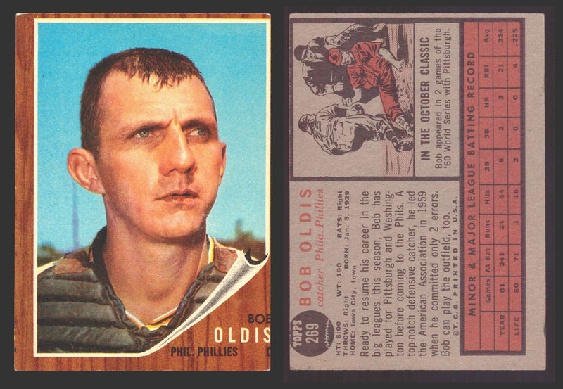 1962 Topps Baseball Trading Card You Pick Singles #200-#299 VG/EX #	269 Bob Oldis - Philadelphia Phillies  - TvMovieCards.com