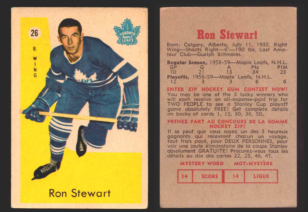 1959-60 Parkhurst Hockey NHL Trading Card You Pick Single Cards #1 - 50 NM/VG #26 Ron Stewart  - TvMovieCards.com