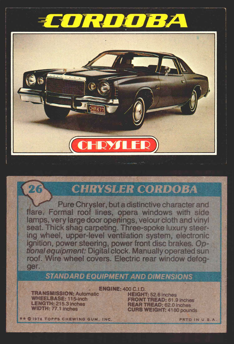 1976 Autos of 1977 Vintage Trading Cards You Pick Singles #1-99 Topps 26   Chrysler Cordoba  - TvMovieCards.com