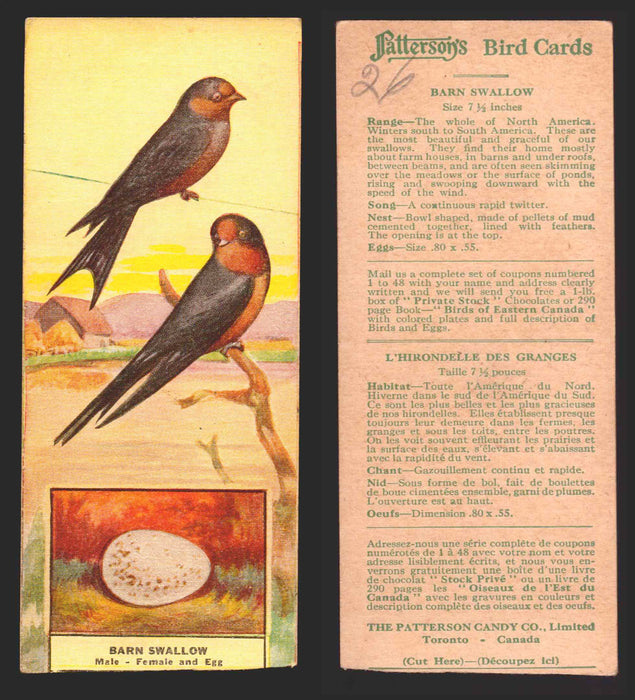 1924 Patterson's Bird Chocolate Vintage Trading Cards U Pick Singles #1-46 26 Barn Swallow  - TvMovieCards.com