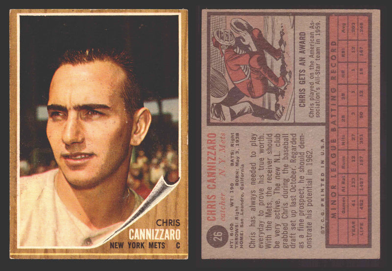 1962 Topps Baseball Trading Card You Pick Singles #1-#99 VG/EX #	26 Chris Cannizzaro - New York Mets  - TvMovieCards.com