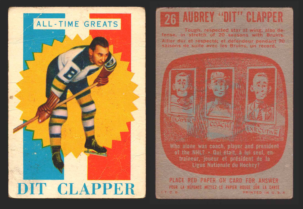 1960-61 Topps Hockey NHL Trading Card You Pick Single Cards #1 - 66 EX/NM 26 Aubrey "Dit" Clapper All-Time Greats  - TvMovieCards.com