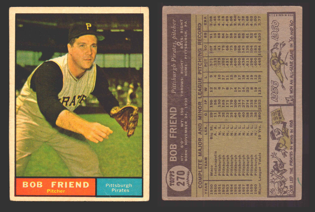1961 Topps Baseball Trading Card You Pick Singles #200-#299 VG/EX #	270 Bob Friend - Pittsburgh Pirates  - TvMovieCards.com