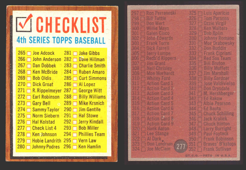 1962 Topps Baseball Trading Card You Pick Singles #200-#299 VG/EX #	277 Checklist 265-352  - TvMovieCards.com