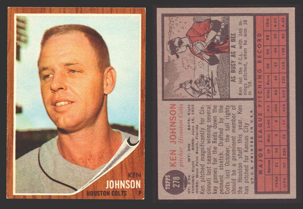 1962 Topps Baseball Trading Card You Pick Singles #200-#299 VG/EX #	278 Ken Johnson - Houston Colt .45's  - TvMovieCards.com