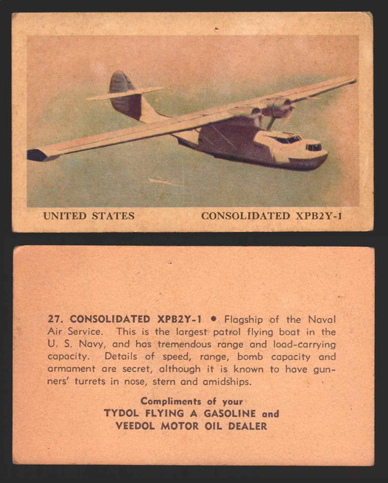 1940 Tydol Aeroplanes Flying A Gasoline You Pick Single Trading Card #1-40 #	27	Consolidated XPB2Y-1  - TvMovieCards.com