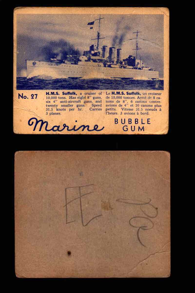 1944 Marine Bubble Gum World Wide V403-1 Vintage Trading Card #1-120 Singles #27 H.M.S. Suffolk  - TvMovieCards.com