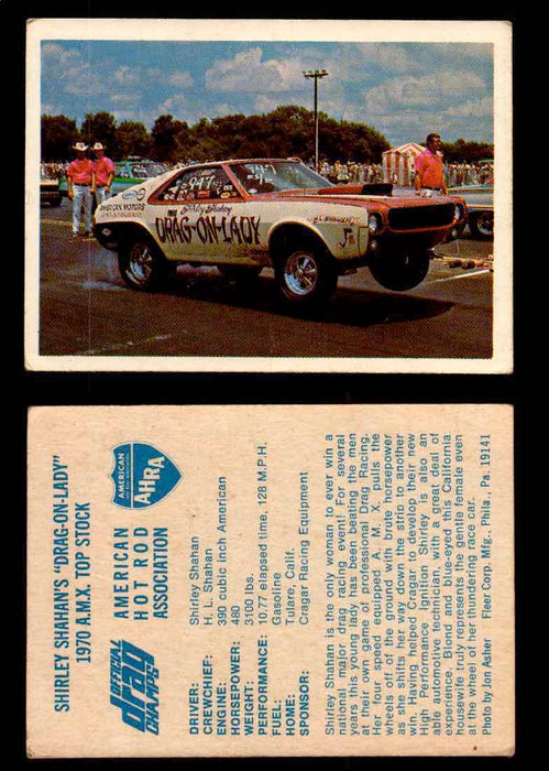AHRA Official Drag Champs 1971 Fleer Vintage Trading Cards You Pick Singles 27   Shirley Shahan's "Drag-On-Lady"                  1970 A.M.X. Top Stock  - TvMovieCards.com