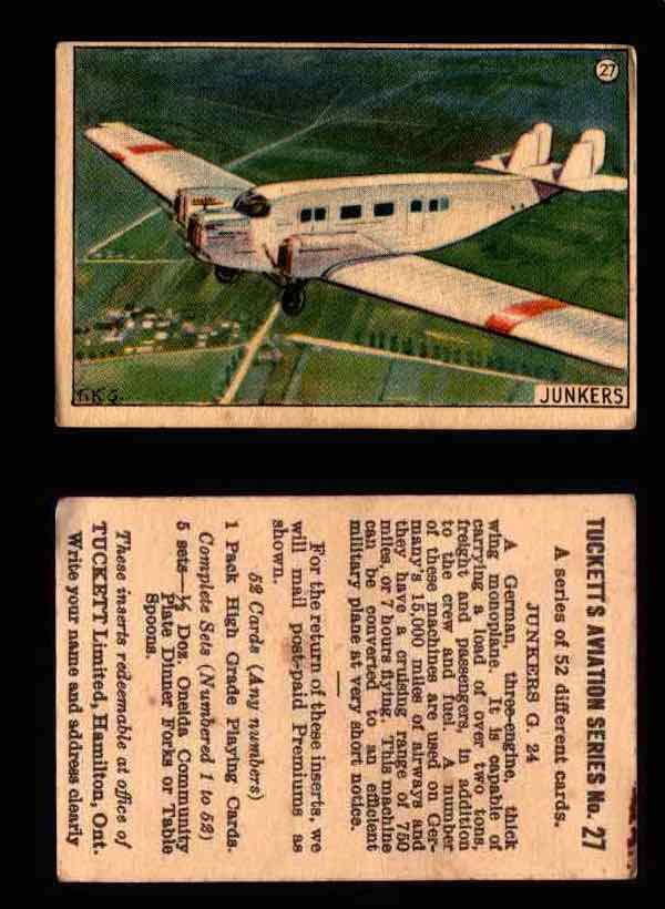 1929 Tucketts Aviation Series 1 Vintage Trading Cards You Pick Singles #1-52 #27 Junkers G 24  - TvMovieCards.com