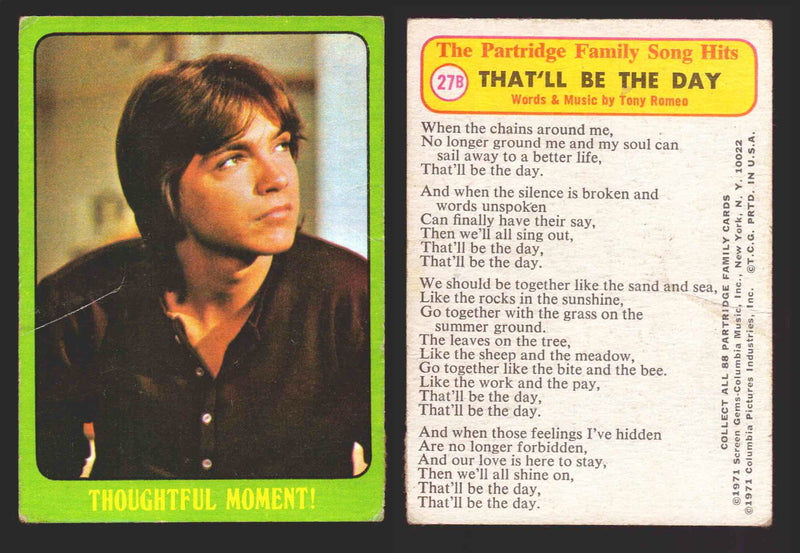 1971 The Partridge Family Series 3 Green You Pick Single Cards #1-88B Topps USA #	27B   Thoughtful Moment!  - TvMovieCards.com