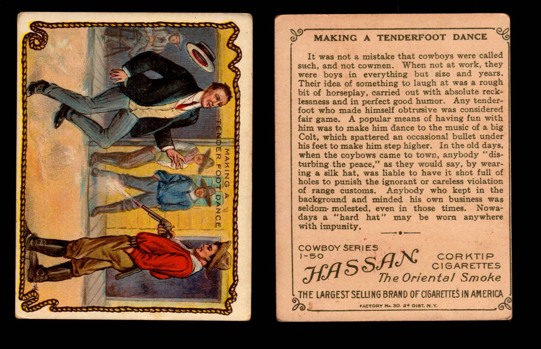 1909 T53 Hassan Cigarettes Cowboy Series #1-50 Trading Cards Singles #27 Making A Tender Foot Dance  - TvMovieCards.com
