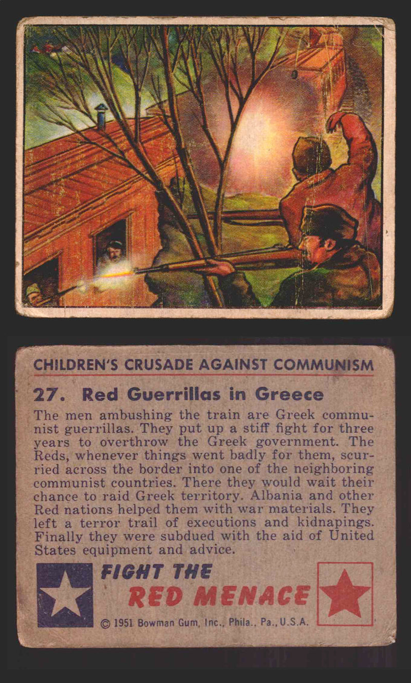 1951 Red Menace Vintage Trading Cards #1-48 You Pick Singles Bowman Gum 27   Red Guerrillas in Greece  - TvMovieCards.com