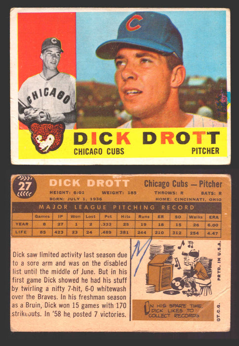 1960 Topps Baseball Trading Card You Pick Singles #1-#250 VG/EX 27 - Dick Drott (creased/marked)  - TvMovieCards.com