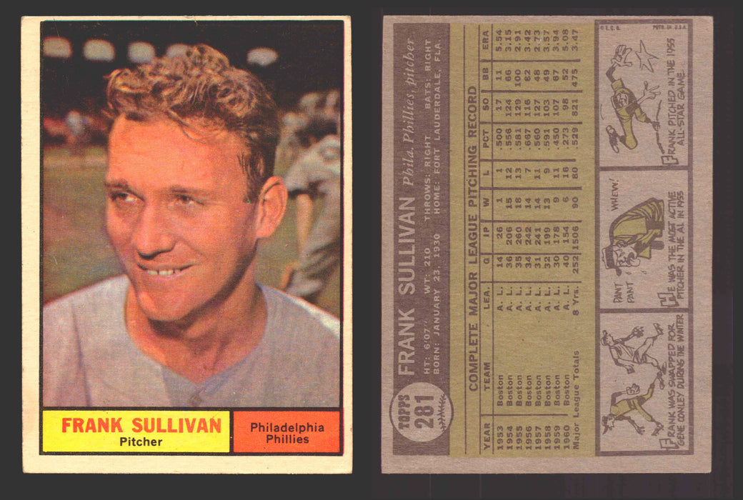 1961 Topps Baseball Trading Card You Pick Singles #200-#299 VG/EX #	281 Frank Sullivan - Philadelphia Phillies  - TvMovieCards.com