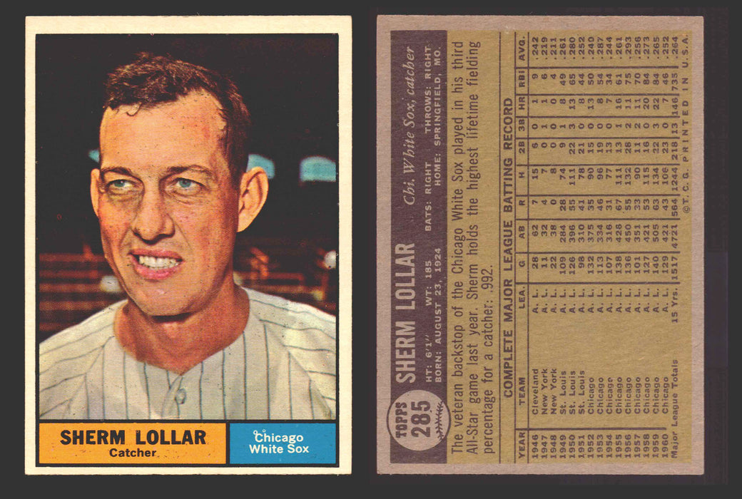 1961 Topps Baseball Trading Card You Pick Singles #200-#299 VG/EX #	285 Sherm Lollar - Chicago White Sox  - TvMovieCards.com