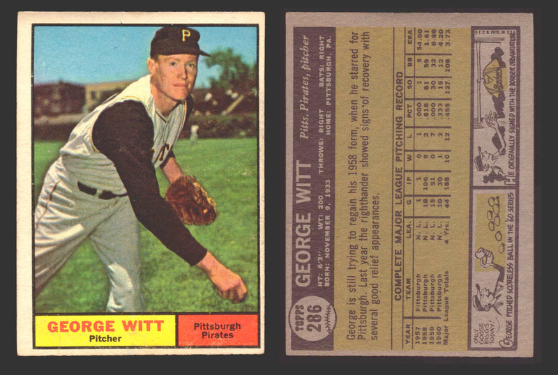 1961 Topps Baseball Trading Card You Pick Singles #200-#299 VG/EX #	286 George Witt - Pittsburgh Pirates  - TvMovieCards.com