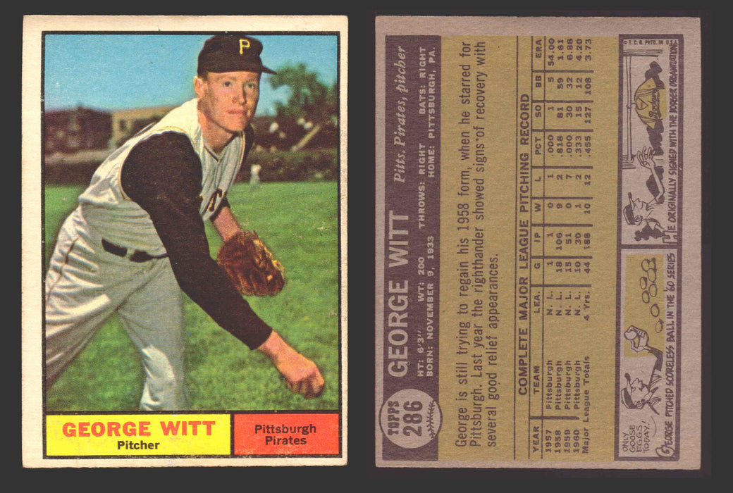 1961 Topps Baseball Trading Card You Pick Singles #200-#299 VG/EX #	286 George Witt - Pittsburgh Pirates  - TvMovieCards.com