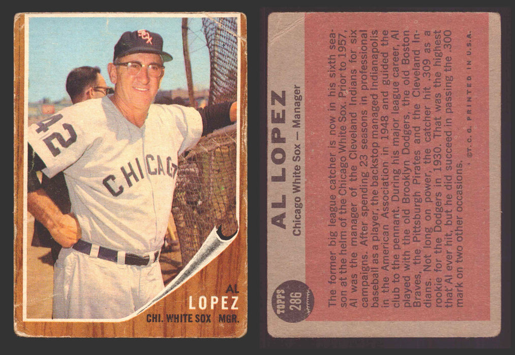1962 Topps Baseball Trading Card You Pick Singles #200-#299 VG/EX #	286 Al Lopez - Chicago White Sox  - TvMovieCards.com