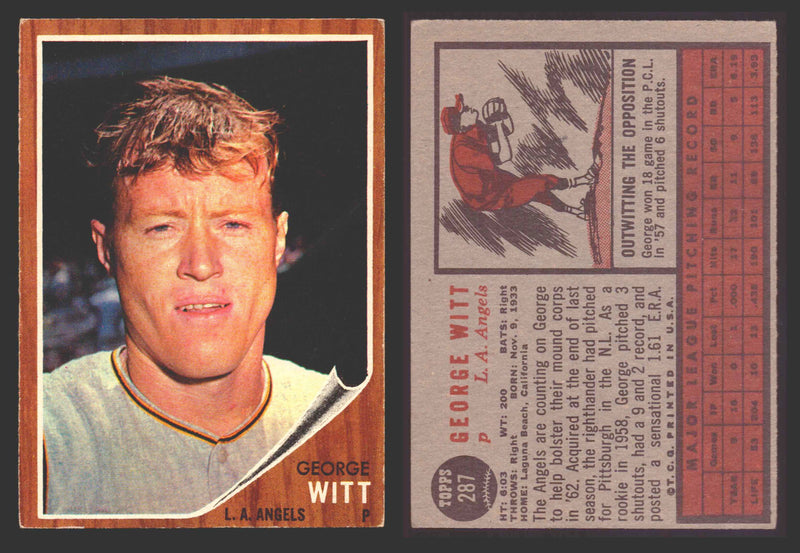 1962 Topps Baseball Trading Card You Pick Singles #200-#299 VG/EX #	287 George Witt - Los Angeles Angels  - TvMovieCards.com