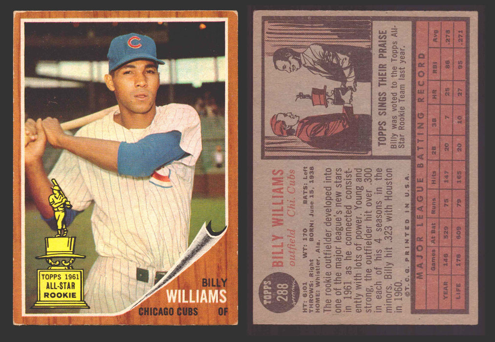 1962 Topps Baseball Trading Card You Pick Singles #200-#299 VG/EX #	288 Billy Williams - Chicago Cubs  - TvMovieCards.com