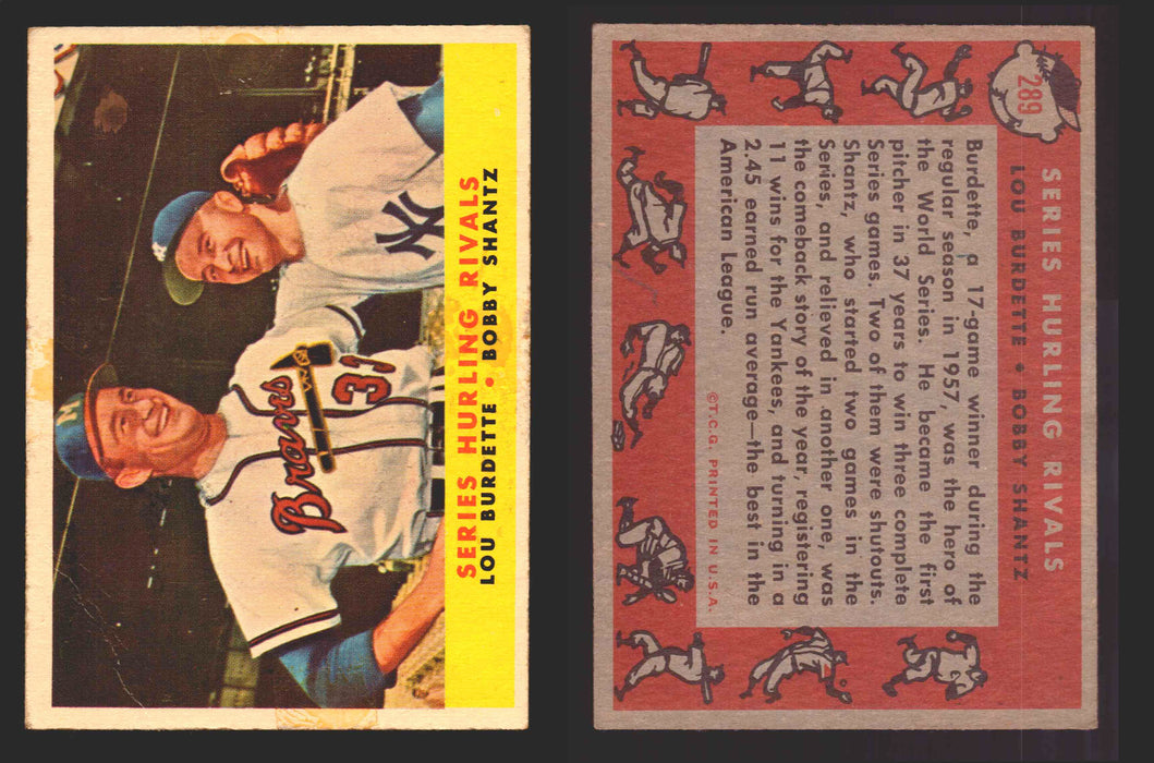 1958 Topps Baseball Trading Card You Pick Single Cards #1 - 495 EX/NM #	289	Lou Burdette / Bobby Shantz  - TvMovieCards.com