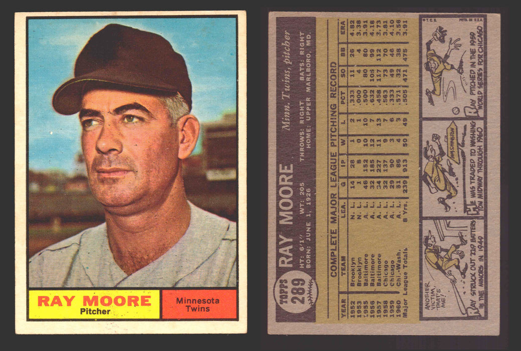 1961 Topps Baseball Trading Card You Pick Singles #200-#299 VG/EX #	289 Ray Moore - Minnesota Twins  - TvMovieCards.com