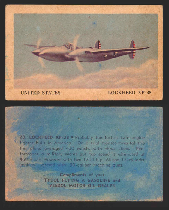 1940 Tydol Aeroplanes Flying A Gasoline You Pick Single Trading Card #1-40 #	28	Lockheed XP-38  - TvMovieCards.com