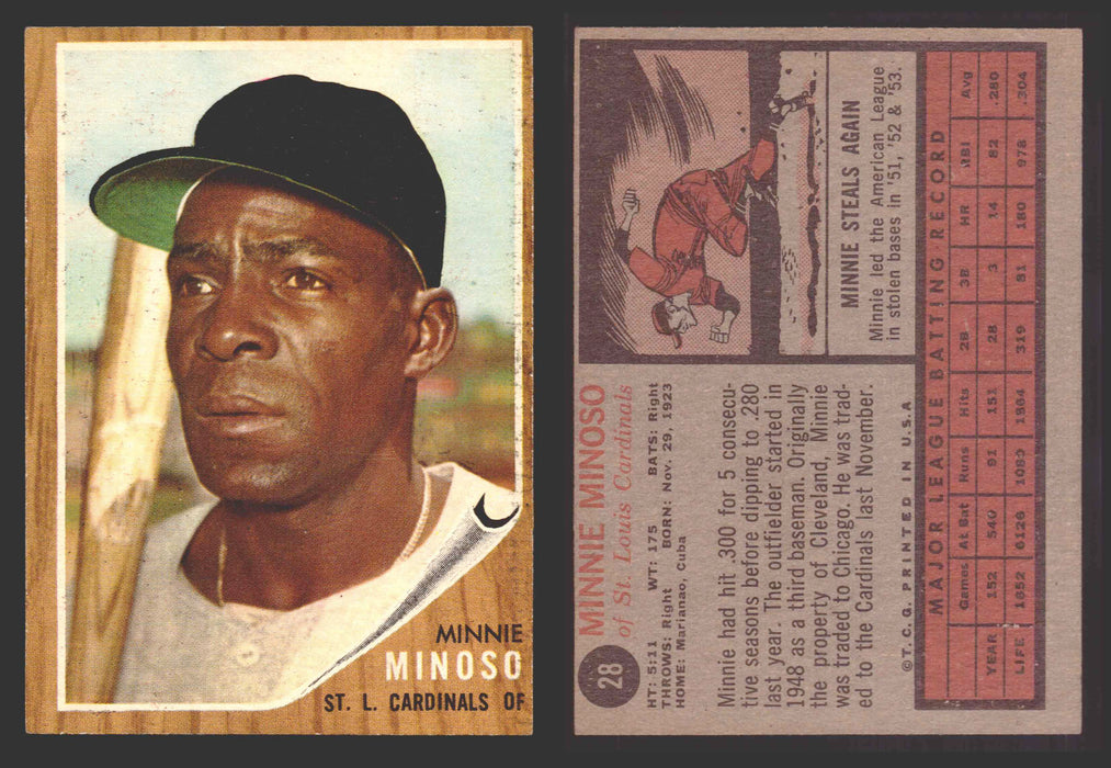 1962 Topps Baseball Trading Card You Pick Singles #1-#99 VG/EX #	28 Minnie Minoso - St. Louis Cardinals  - TvMovieCards.com