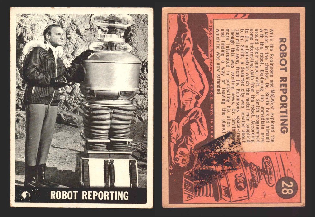 1966 Lost In Space Topps Vintage Trading Card #1-55 You Pick Singles #	 28   Robot Reporting  (creased + stain on back)  - TvMovieCards.com