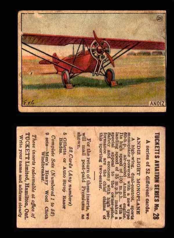 1929 Tucketts Aviation Series 1 Vintage Trading Cards You Pick Singles #1-52 #28 Andiz Light Monoplane  - TvMovieCards.com