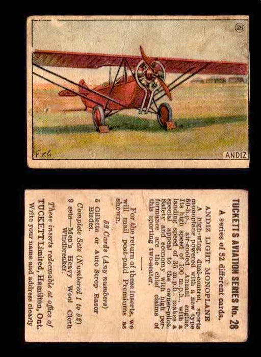 1929 Tucketts Aviation Series 1 Vintage Trading Cards You Pick Singles #1-52 #28 Andiz Light Monoplane  - TvMovieCards.com