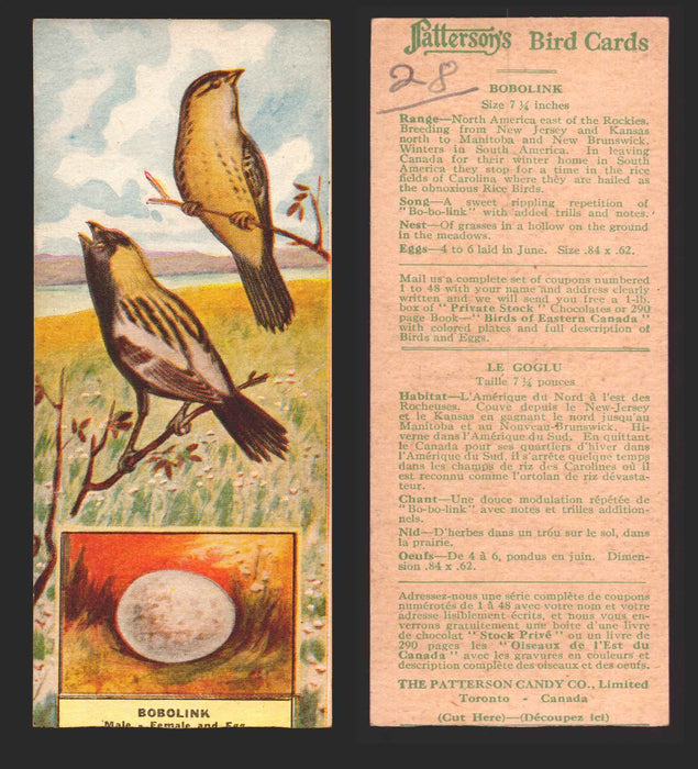 1924 Patterson's Bird Chocolate Vintage Trading Cards U Pick Singles #1-46 28 Bobolink  - TvMovieCards.com