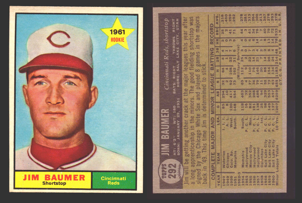 1961 Topps Baseball Trading Card You Pick Singles #200-#299 VG/EX #	292 Jim Baumer - Cincinnati Reds RC  - TvMovieCards.com
