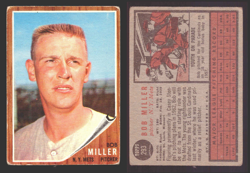 1962 Topps Baseball Trading Card You Pick Singles #200-#299 VG/EX #	293 Bob Miller - New York Mets  - TvMovieCards.com