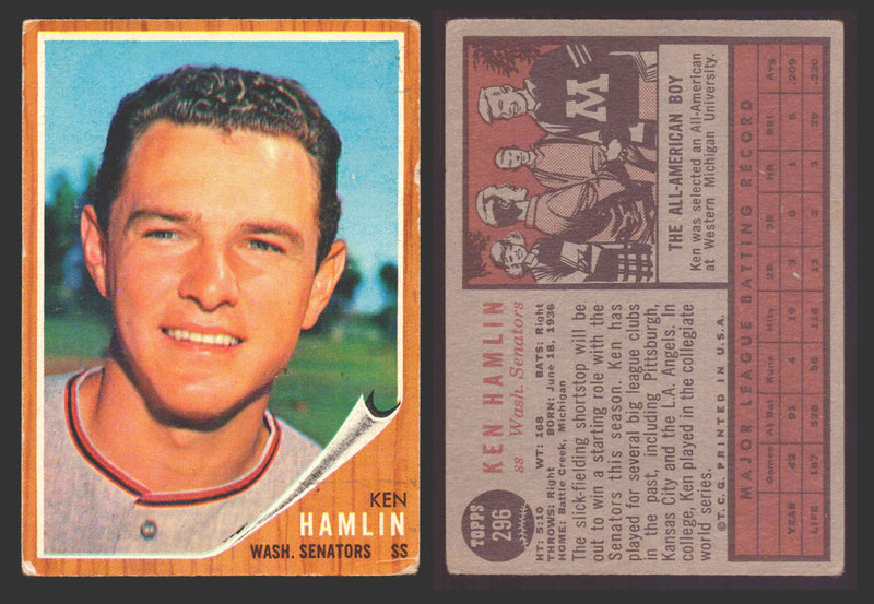 1962 Topps Baseball Trading Card You Pick Singles #200-#299 VG/EX #	296 Ken Hamlin - Washington Senators  - TvMovieCards.com