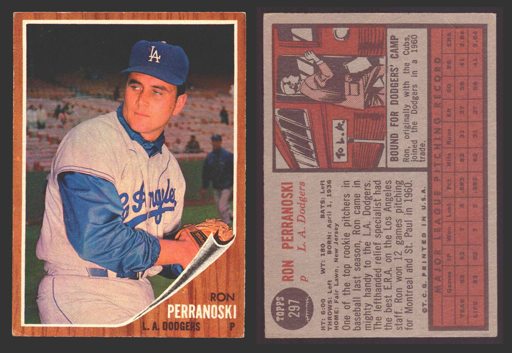 1962 Topps Baseball Trading Card You Pick Singles #200-#299 VG/EX #	297 Ron Perranoski - Los Angeles Dodgers  - TvMovieCards.com