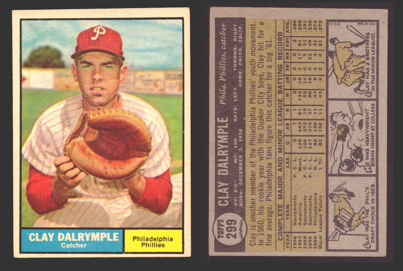 1961 Topps Baseball Trading Card You Pick Singles #200-#299 VG/EX #	299 Clay Dalrymple - Philadelphia Phillies  - TvMovieCards.com