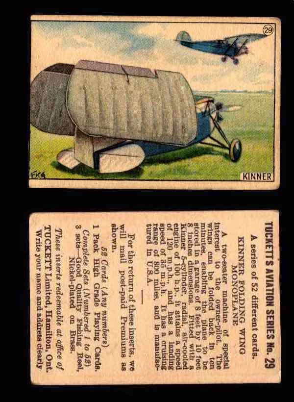 1929 Tucketts Aviation Series 1 Vintage Trading Cards You Pick Singles #1-52 #29 Kinner Folding Wing Monoplane  - TvMovieCards.com