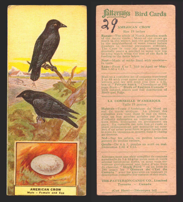 1924 Patterson's Bird Chocolate Vintage Trading Cards U Pick Singles #1-46 29 American Crow  - TvMovieCards.com