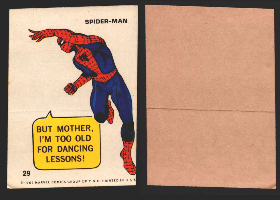 1967 Philadelphia Gum Marvel Super Hero Stickers Vintage You Pick Singles #1-55 29   Spider-Man - But mother I'm too old for dancing lessons!  - TvMovieCards.com